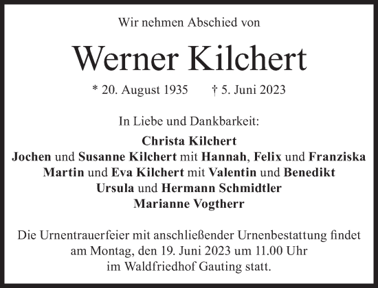 Traueranzeige von Werner Kilchert von Süddeutsche Zeitung
