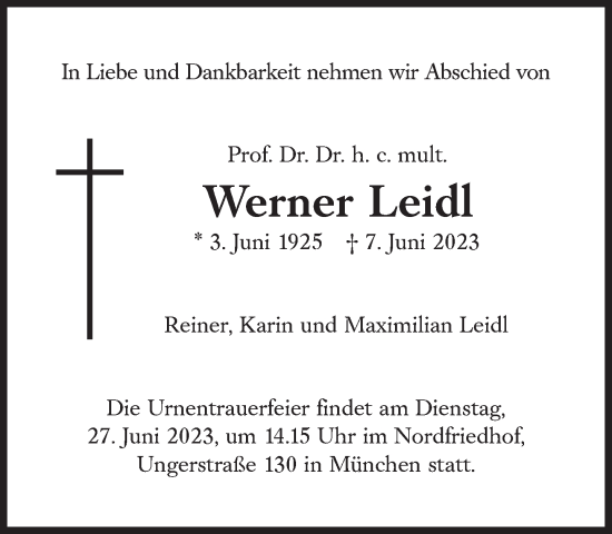 Traueranzeige von Werner Leidl von Süddeutsche Zeitung