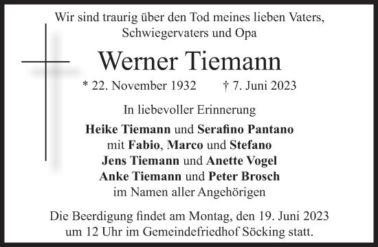 Traueranzeige von Werner Tiemann von Süddeutsche Zeitung