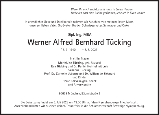 Traueranzeige von Werner Alfred Bernhard Tücking von Süddeutsche Zeitung