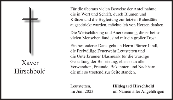 Traueranzeige von Xaver Hirschbold von Süddeutsche Zeitung