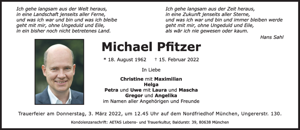  Traueranzeige für Michael Pfitzer vom 26.02.2022 aus Süddeutsche Zeitung