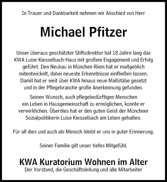 Traueranzeige von Michael Pfitzer von Süddeutsche Zeitung