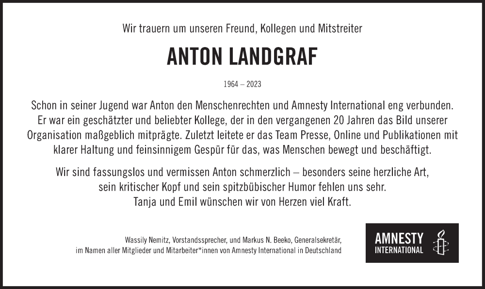 Traueranzeige für Anton Landgraf vom 15.07.2023 aus Süddeutsche Zeitung