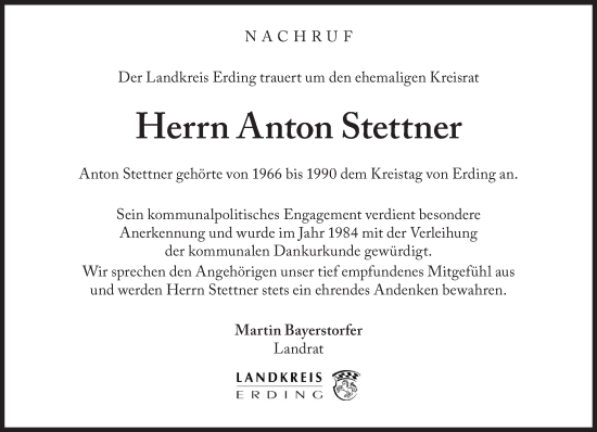 Traueranzeige von Anton Stettner von Süddeutsche Zeitung