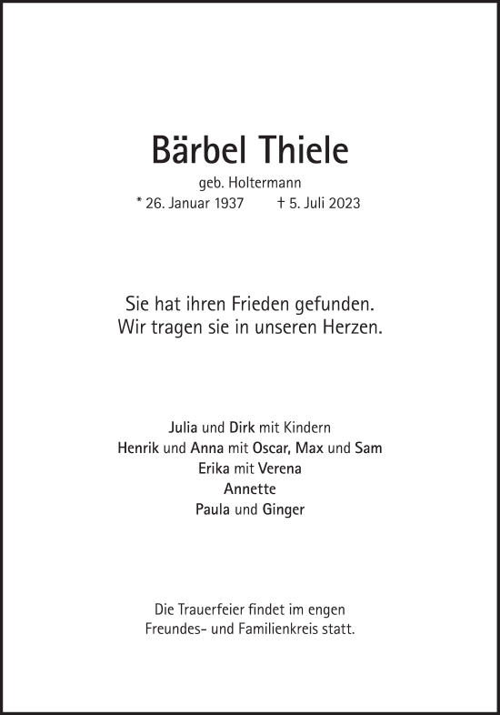 Traueranzeige von Bärbel Thiele von Süddeutsche Zeitung