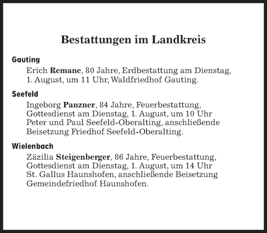 Traueranzeige von Bestattungen vom 01.08.2023 von Süddeutsche Zeitung