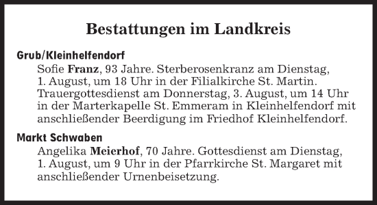 Traueranzeige von Bestattungen vom 01.08.2023 von Süddeutsche Zeitung