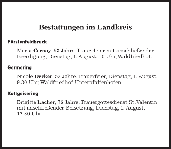 Traueranzeige von Bestattungen vom 01.08.2023 von Süddeutsche Zeitung