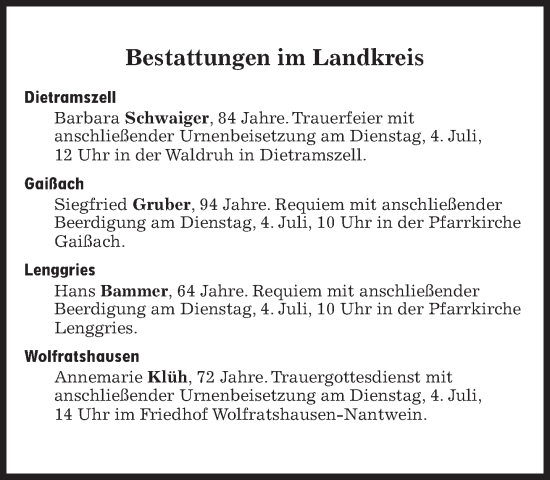 Traueranzeige von Bestattungen vom 04.07.2023 von Süddeutsche Zeitung