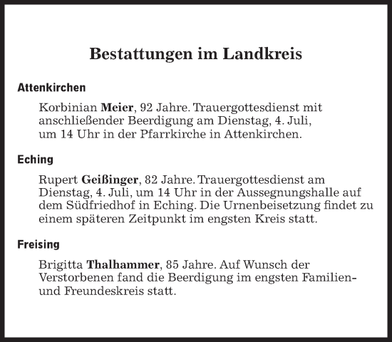 Traueranzeige von Bestattungen vom 04.07.2023 von Süddeutsche Zeitung