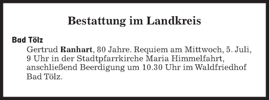 Traueranzeige von Bestattungen vom 05.07.2023 von Süddeutsche Zeitung