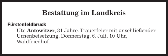 Traueranzeige von Bestattungen vom 06.07.2023 von Süddeutsche Zeitung