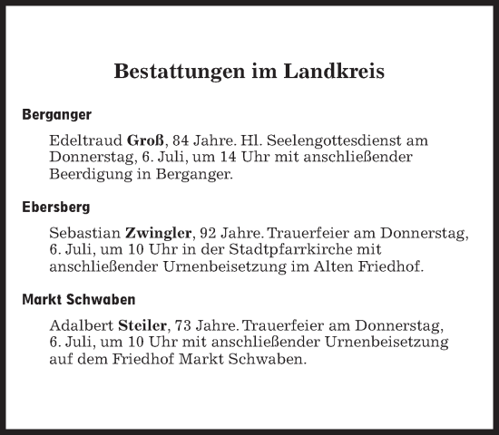 Traueranzeige von Bestattungen vom 06.07.2023 von Süddeutsche Zeitung