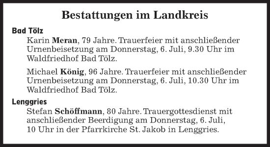 Traueranzeige von Bestattungen vom 06.07.2023 von Süddeutsche Zeitung