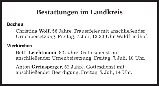 Traueranzeige von Bestattungen vom 07.07.2023 von Süddeutsche Zeitung