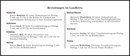 Traueranzeige von Bestattungen vom 07.07.2023 von Süddeutsche Zeitung