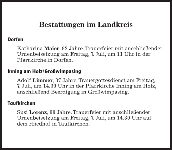 Traueranzeige von Bestattungen vom 07.07.2023 von Süddeutsche Zeitung