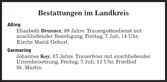 Traueranzeige von Bestattungen vom 07.07.2023 von Süddeutsche Zeitung