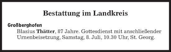 Traueranzeige von Bestattungen vom 08.07.2023 von Süddeutsche Zeitung