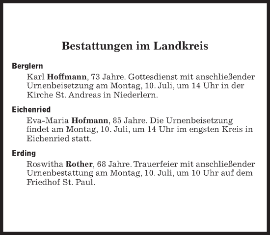 Traueranzeige von Bestattungen vom 10.07.2023 von Süddeutsche Zeitung