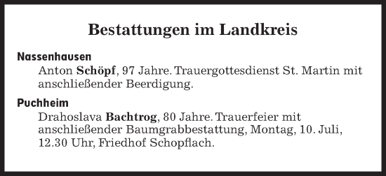 Traueranzeige von Bestattungen vom 10.07.2023 von Süddeutsche Zeitung