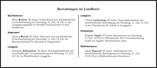 Traueranzeige von Bestattungen vom 11.07.2023 von Süddeutsche Zeitung