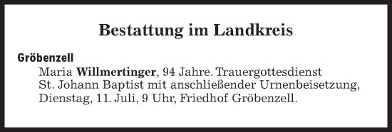 Traueranzeige von Bestattungen vom 11.07.2023 von Süddeutsche Zeitung