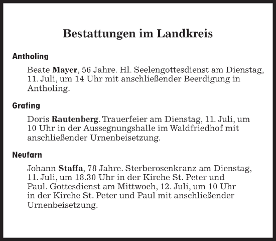 Traueranzeige von Bestattungen vom 11.07.2023 von Süddeutsche Zeitung