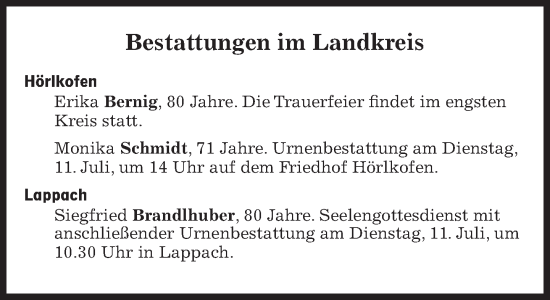 Traueranzeige von Bestattungen vom 11.07.2023 von Süddeutsche Zeitung