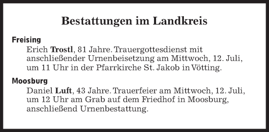 Traueranzeige von Bestattungen vom 12.07.2023 von Süddeutsche Zeitung