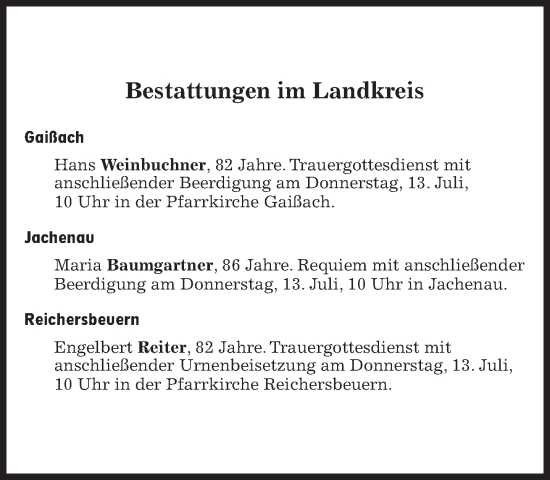 Traueranzeige von Bestattungen vom 13.07.2023 von Süddeutsche Zeitung