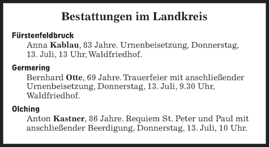 Traueranzeige von Bestattungen vom 13.07.2023 von Süddeutsche Zeitung