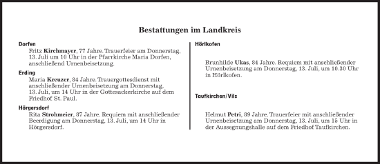 Traueranzeige von Bestattungen vom 13.07.2023 von Süddeutsche Zeitung