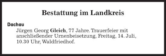 Traueranzeige von Bestattungen vom 14.07.2023 von Süddeutsche Zeitung