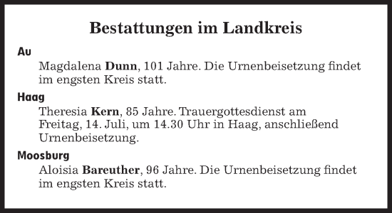 Traueranzeige von Bestattungen vom 14.07.2023 von Süddeutsche Zeitung