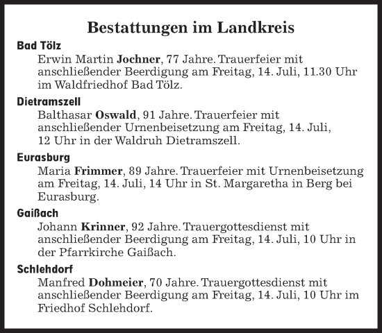 Traueranzeige von Bestattungen vom 14.07.2023 von Süddeutsche Zeitung