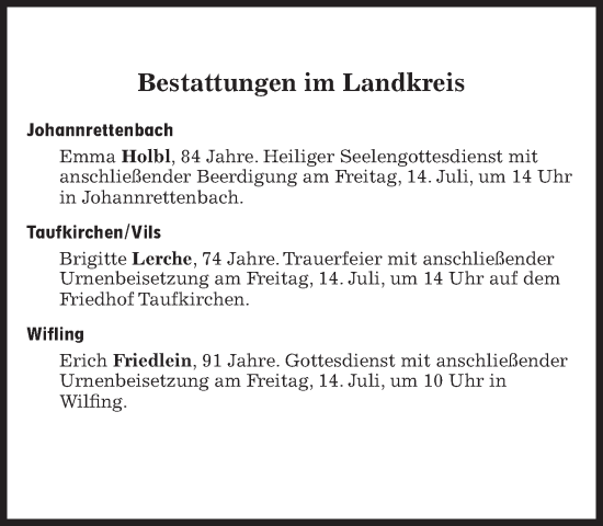 Traueranzeige von Bestattungen vom 14.07.2023 von Süddeutsche Zeitung