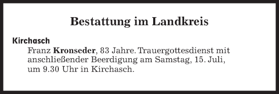 Traueranzeige von Bestattungen vom 15.07.2023 von Süddeutsche Zeitung