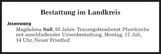 Traueranzeige von Bestattungen vom 17.07.2023 von Süddeutsche Zeitung