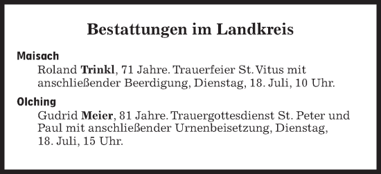 Traueranzeige von Bestattungen vom 18.07.2023 von Süddeutsche Zeitung