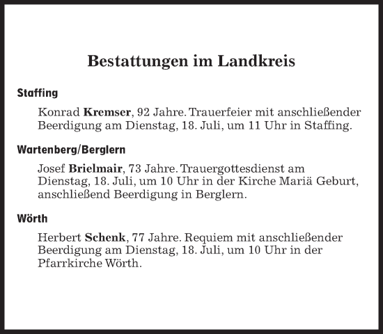 Traueranzeige von Bestattungen vom 18.07.2023 von Süddeutsche Zeitung