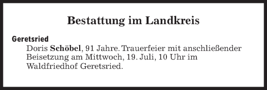 Traueranzeige von Bestattungen vom 19.07.2023 von Süddeutsche Zeitung