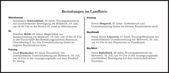 Traueranzeige von Bestattungen vom 19.07.2023 von Süddeutsche Zeitung