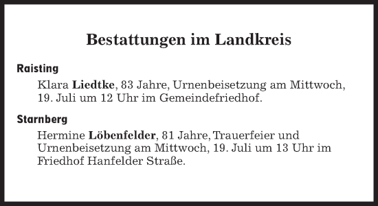 Traueranzeige von Bestattungen vom 19.07.2023 von Süddeutsche Zeitung