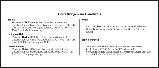 Traueranzeige von Bestattungen vom 19.07.2023 von Süddeutsche Zeitung