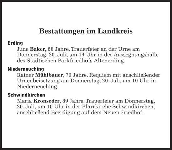 Traueranzeige von Bestattungen vom 20.07.2023 von Süddeutsche Zeitung