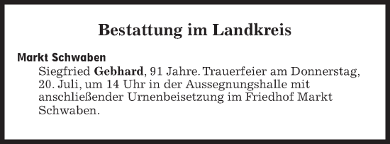 Traueranzeige von Bestattungen vom 20.07.2023 von Süddeutsche Zeitung