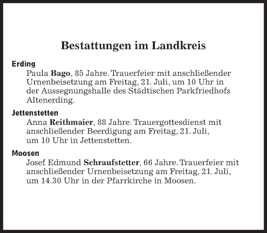 Traueranzeige von Bestattungen vom 21.07.2023 von Süddeutsche Zeitung