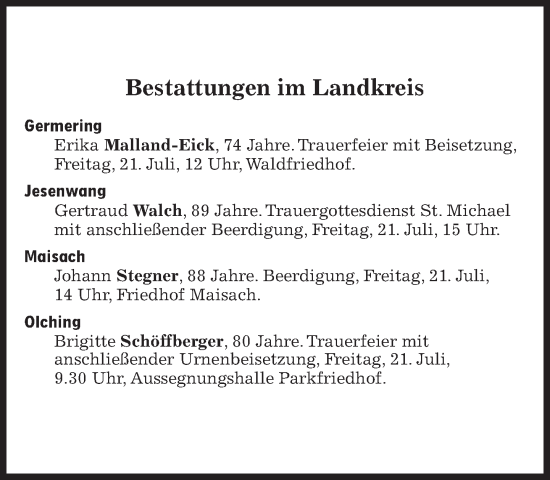 Traueranzeige von Bestattungen vom 21.07.2023 von Süddeutsche Zeitung